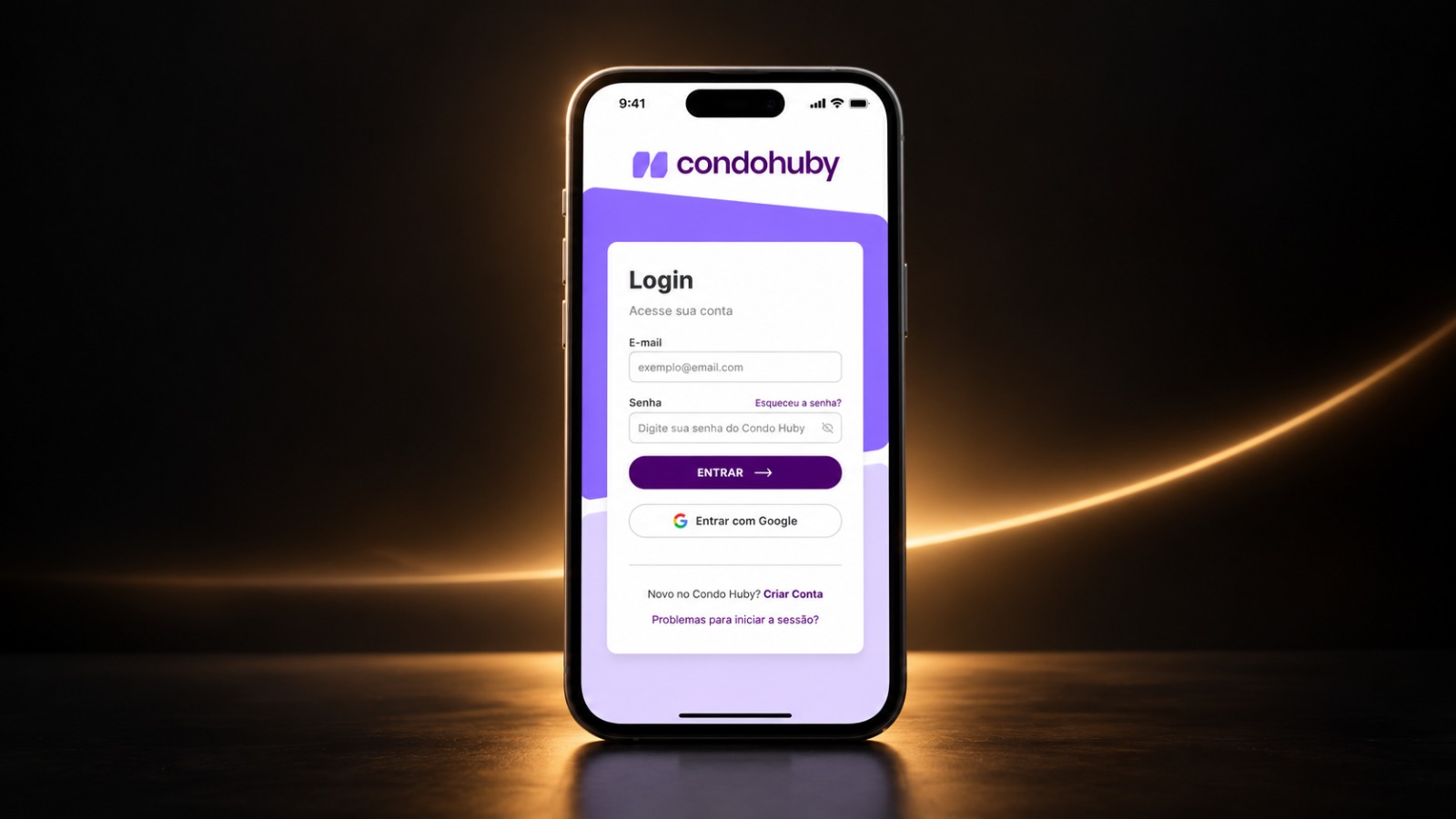 Tela de acesso do CondoHuby em um smartphone